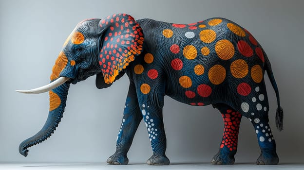 A captivating photoshoot featuring a real elephant adorned with vibrant, colored spots against a clean white background. This unique image showcases the elephant’s natural beauty combined with artistic, colorful accents, creating a playful yet majestic effect.
