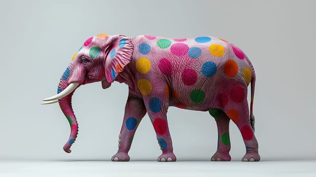 A captivating photoshoot featuring a real elephant adorned with vibrant, colored spots against a clean white background. This unique image showcases the elephant’s natural beauty combined with artistic, colorful accents, creating a playful yet majestic effect.