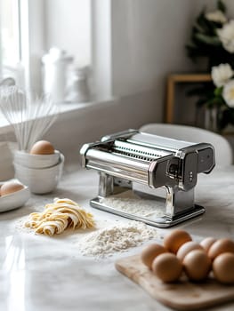 Fresh pasta dough and a pasta machine on a marble countertop, illustrating the art of homemade pasta making in a bright kitchen.