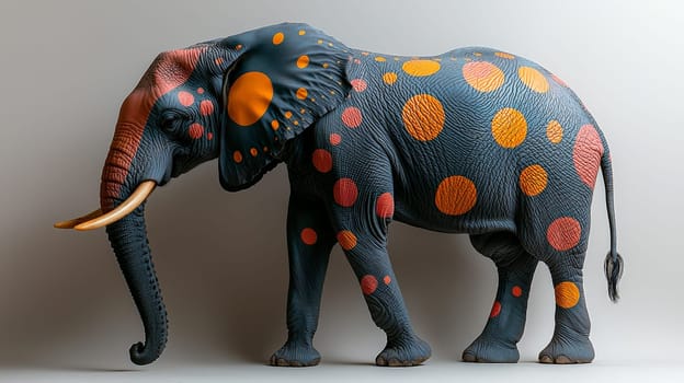 A captivating photoshoot featuring a real elephant adorned with vibrant, colored spots against a clean white background. This unique image showcases the elephant’s natural beauty combined with artistic, colorful accents, creating a playful yet majestic effect.