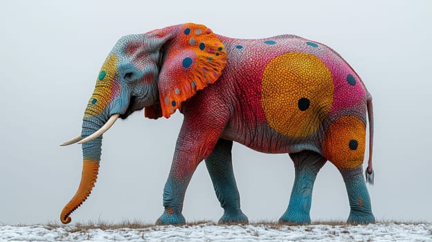 A captivating photoshoot featuring a real elephant adorned with vibrant, colored spots against a clean white background. This unique image showcases the elephant’s natural beauty combined with artistic, colorful accents, creating a playful yet majestic effect.