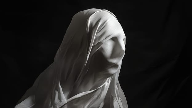 In a shadowed, dark space, the ethereal face of a ghostly, white-veiled woman emerges from the darkness, blindfolded with a white cloth, her figure partially illuminated from above. The cinematic, volumetric lighting reveals her face in striking detail as she appears to whisper into the void. This haunting scene captures an otherworldly essence, with intense realism and high detail, showcasing a ghostly presence in a surreal, atmospheric composition.