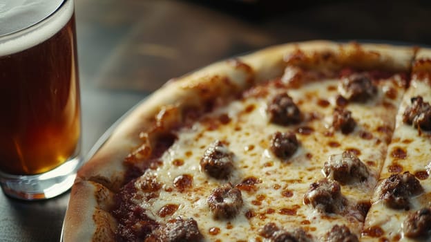 A mouthwatering pizza topped with melted cheese and savory sausage sits on a table next to a chilled drink in a glass. The scene captures the warmth and simplicity of a classic meal, perfect for any pizza lover.