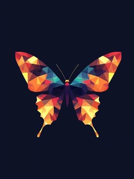 Abstract geometric butterfly design in vibrant colors on dark background, featuring polygonal art style with triangular shapes.