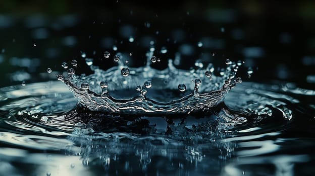 A stunning slow-motion close-up capturing a single raindrop's impact on a reflective surface. The droplet bursts into a perfect crown, sending smaller droplets into the air as ripples expand outward in precise, concentric circles. Light refracts through the water, highlighting intricate splash details in mesmerizing clarity.