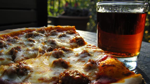 A mouthwatering pizza topped with melted cheese and savory sausage sits on a table next to a chilled drink in a glass. The scene captures the warmth and simplicity of a classic meal, perfect for any pizza lover.
