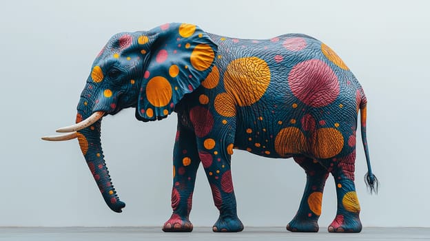 A captivating photoshoot featuring a real elephant adorned with vibrant, colored spots against a clean white background. This unique image showcases the elephant’s natural beauty combined with artistic, colorful accents, creating a playful yet majestic effect.