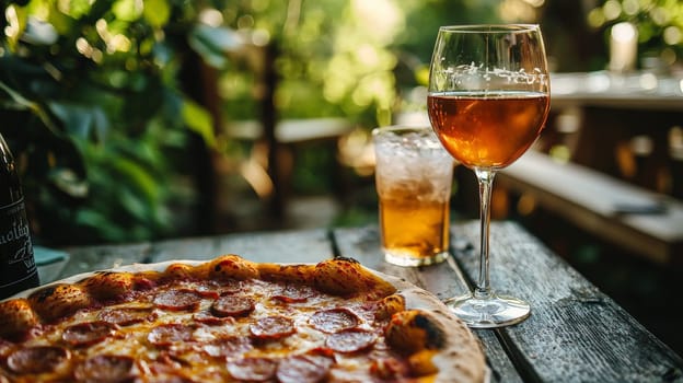A mouthwatering pizza topped with melted cheese and savory sausage sits on a table next to a chilled drink in a glass. The scene captures the warmth and simplicity of a classic meal, perfect for any pizza lover.