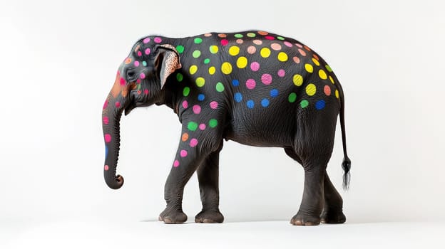 A captivating photoshoot featuring a real elephant adorned with vibrant, colored spots against a clean white background. This unique image showcases the elephant’s natural beauty combined with artistic, colorful accents, creating a playful yet majestic effect.
