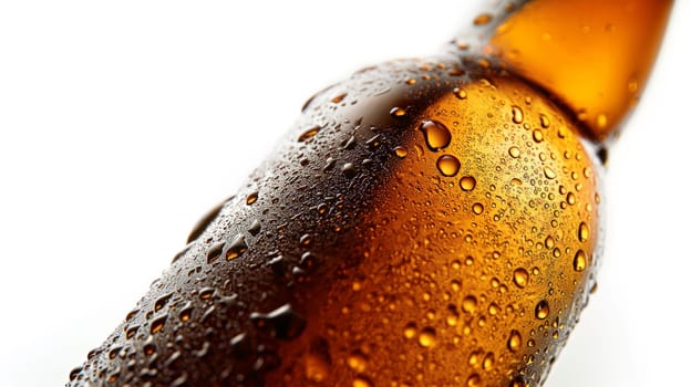A close-up of a chilled beer bottle, covered in condensation droplets, isolated against a clean white background. This image captures the refreshing appeal of a cold beverage, perfect for showcasing the crisp and enticing qualities of a beer ready to be enjoyed.