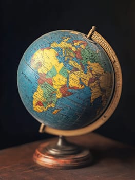 Antique world globe with brass stand on wooden surface against dark background, displaying colorful political map with copy space.