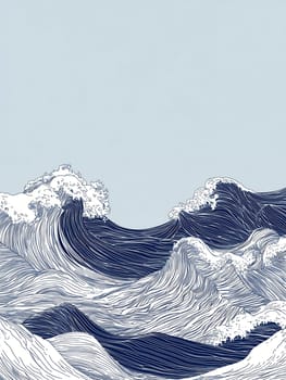 Traditional oriental wave illustration in blue and white with detailed line art pattern inspired by vintage Japanese style, artistic marine background.