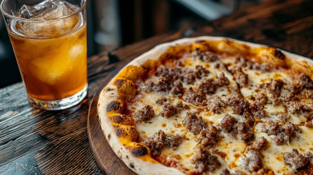 A mouthwatering pizza topped with melted cheese and savory sausage sits on a table next to a chilled drink in a glass. The scene captures the warmth and simplicity of a classic meal, perfect for any pizza lover.