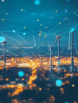Digital network visualization over a city skyline with wind turbines at night, showing interconnected data points and sustainable energy technology.