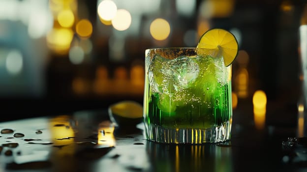 A photorealistic, shallow-focus image of a Midori Splice cocktail, captured with a 35mm lens. This vibrant shot emphasizes the refreshing green hues and creamy layers, inviting viewers to savor its tropical essence.