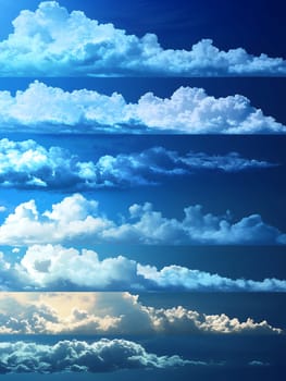 A captivating series of diverse cloud formations against a clear blue sky, depicting weather variations.