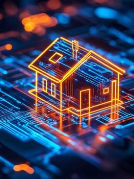Digital house hologram on circuit board with glowing orange and blue neon lines representing smart home automation and IoT technology.
