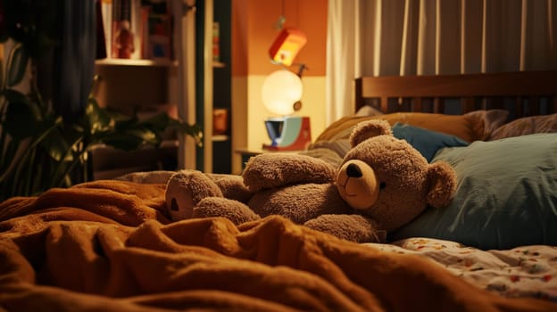 A peaceful scene of a child snuggled up in a warm futon, sleeping soundly while holding a teddy bear. The ambiance radiates warmth and comfort, capturing a moment of serene rest in a soft, cozy setting.