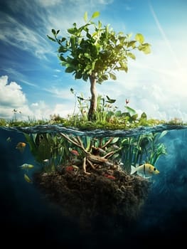 Split view of tree growing on small island with underwater ecosystem, tropical fish swimming among roots and aquatic plants in crystal clear water.