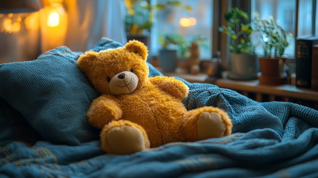A peaceful scene of a child snuggled up in a warm futon, sleeping soundly while holding a teddy bear. The ambiance radiates warmth and comfort, capturing a moment of serene rest in a soft, cozy setting.