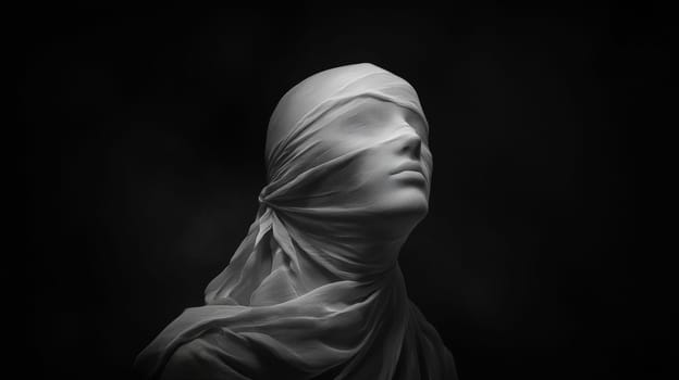 In a shadowed, dark space, the ethereal face of a ghostly, white-veiled woman emerges from the darkness, blindfolded with a white cloth, her figure partially illuminated from above. The cinematic, volumetric lighting reveals her face in striking detail as she appears to whisper into the void. This haunting scene captures an otherworldly essence, with intense realism and high detail, showcasing a ghostly presence in a surreal, atmospheric composition.