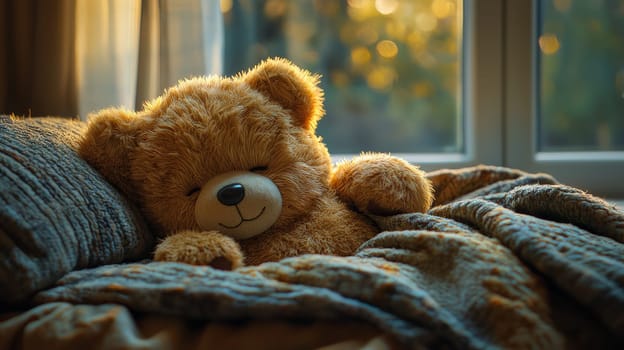 A peaceful scene of a child snuggled up in a warm futon, sleeping soundly while holding a teddy bear. The ambiance radiates warmth and comfort, capturing a moment of serene rest in a soft, cozy setting.