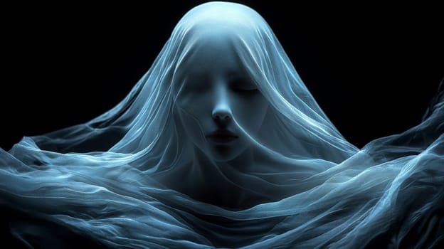 In a shadowed, dark space, the ethereal face of a ghostly, white-veiled woman emerges from the darkness, blindfolded with a white cloth, her figure partially illuminated from above. The cinematic, volumetric lighting reveals her face in striking detail as she appears to whisper into the void. This haunting scene captures an otherworldly essence, with intense realism and high detail, showcasing a ghostly presence in a surreal, atmospheric composition.
