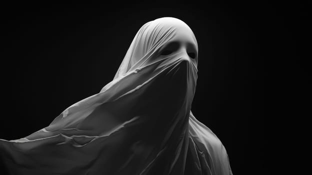 In a shadowed, dark space, the ethereal face of a ghostly, white-veiled woman emerges from the darkness, blindfolded with a white cloth, her figure partially illuminated from above. The cinematic, volumetric lighting reveals her face in striking detail as she appears to whisper into the void. This haunting scene captures an otherworldly essence, with intense realism and high detail, showcasing a ghostly presence in a surreal, atmospheric composition.