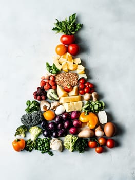 Creative food pyramid layout made with fresh vegetables, fruits, dairy, grains and berries on light gray background, healthy eating concept.