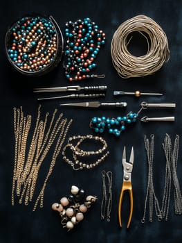 A collection of colorful beads and tools arranged for jewelry making, showcasing creativity and craftsmanship.