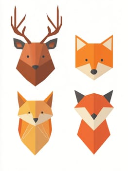 Collection of geometric woodland animals including deer and foxes in minimal polygon style, modern origami-inspired design on white background.