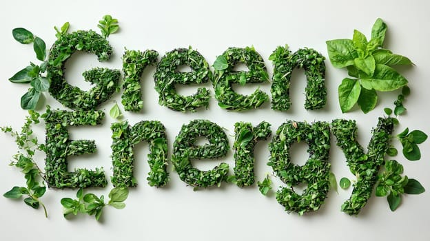The phrase "Green Energy"" crafted entirely from lush, green plants, symbolizing the harmony between nature and renewable energy. Each letter appears vibrant and alive, creating an impactful visual for sustainable solutions."