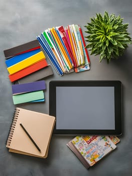 A tidy workspace with a tablet, colorful notebooks, and a plant, ideal for productivity and creativity.