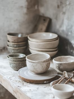 Handmade pottery bowls with clay tools in a rustic setting, perfect for artistic and craft themes.
