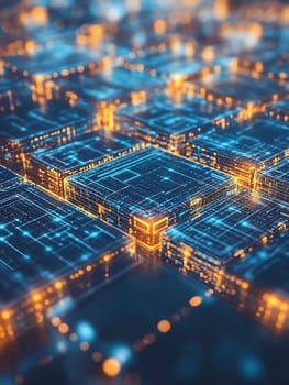 Abstract technological background with glowing circuit patterns in blue and orange, artificial intelligence and digital transformation concept.