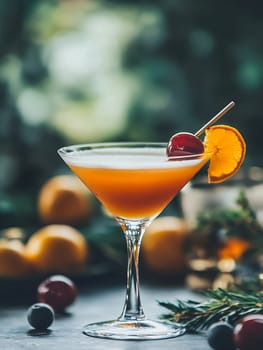 Elegant martini glass filled with orange cocktail garnished with fresh cherry and orange slice, festive drink styling with seasonal fruits.