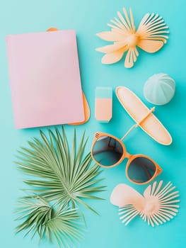 Tropical summer items flat lay with pink notebook, palm leaf, sunglasses and decorative elements on turquoise background, copy space, place for text.
