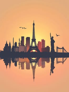 City skyline silhouette combining iconic landmarks of Paris and New York with reflection at sunset, featuring Eiffel Tower and Statue of Liberty.