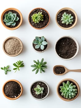 A variety of succulent plants in pots arranged on a white background, ideal for gardening and home decor themes.
