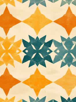 Abstract geometric pattern in orange, yellow and teal colors on beige background, featuring star shapes and repeating motifs, vintage texture effect.