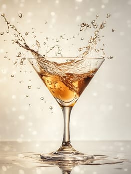 Dynamic splash of golden liquid in a martini glass captured in motion against light background with droplets and dramatic movement.