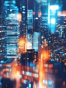 A dynamic cityscape illuminated with vibrant lights reflecting the bustling energy and modern architecture.