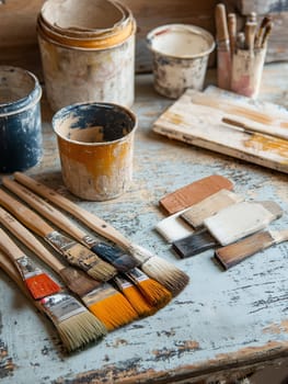 A collection of used paintbrushes and containers on a weathered wooden table, evoking a rustic artistic atmosphere.