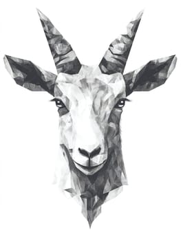 Black and white geometric art of goat head with detailed line work and artistic cross hatching on white background, modern minimalist animal illustration.