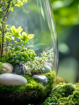A lush terrarium filled with vibrant succulents and moss, showcasing a miniature ecosystem in a glass vessel.