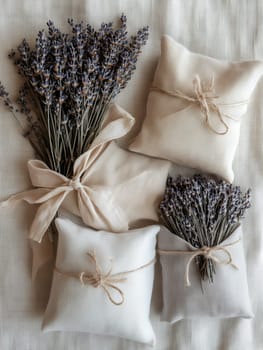 Beautifully tied lavender sachets with dried flowers on linen fabric, perfect for aromatic and decorative themes.