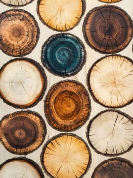 Collection of wooden tree rings cross sections in various colors and sizes arranged on white background, showing natural growth pattern.