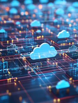 Digital cloud computing network visualization with glowing connection lines and cloud symbols, representing modern data technology infrastructure.