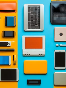 Flat lay arrangement of modern electronic devices and gadgets on yellow and blue background with organized layout, depicting technological lifestyle.