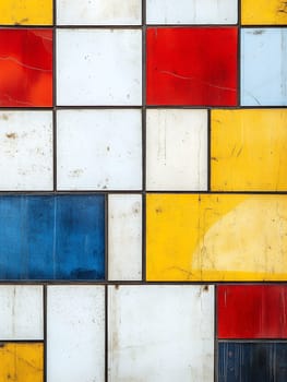 Abstract composition with colorful geometric tiles in primary colors - red, blue, yellow and white creating modernist pattern with distressed texture.